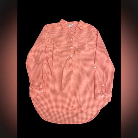 L.L. Bean Womens Stretch Nylon LS Button Up Peach Checkered Plaid Blouse M - Picture 1 of 2